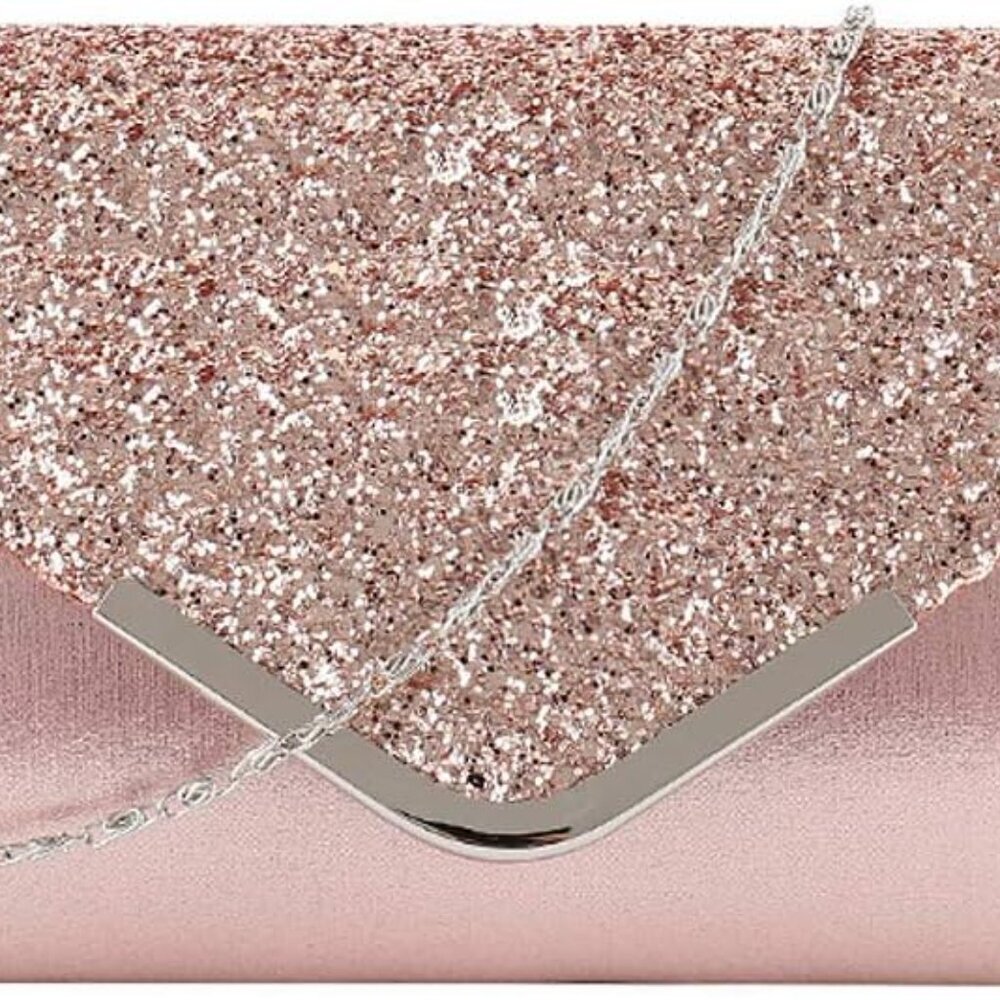 Rose Gold Women's Shiny Glitter Envelope Clutch Handbag Chain Purse for Wedding